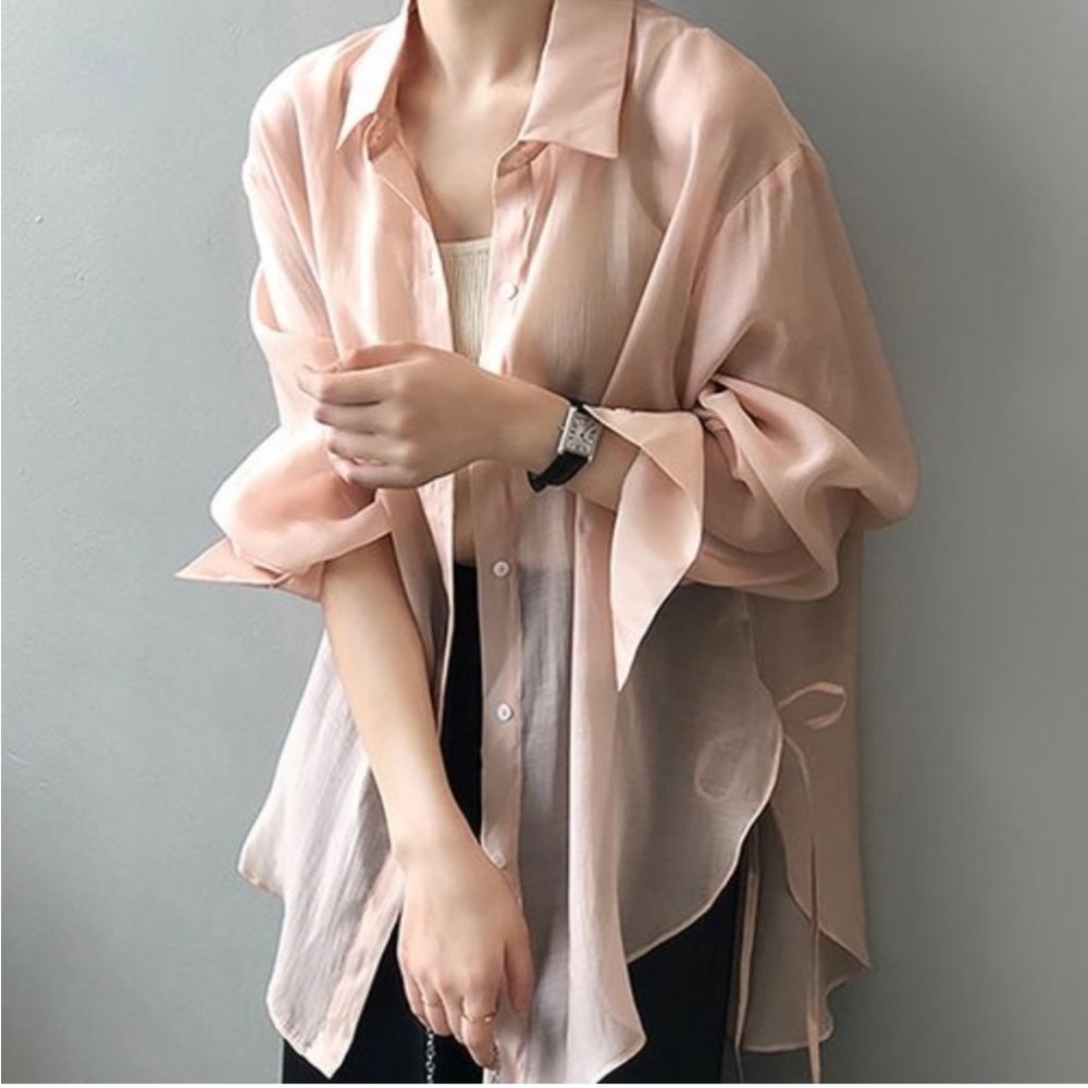 YOKODEA Shirt-style Blouse Peachy Pink Semi Sheer Cotton Tie Detail NWOT Sz L